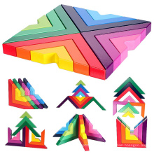 Geometric Shapes Rainbow  Wood Stacking  Wooden Stacker Toy Building Blocks  For Kids